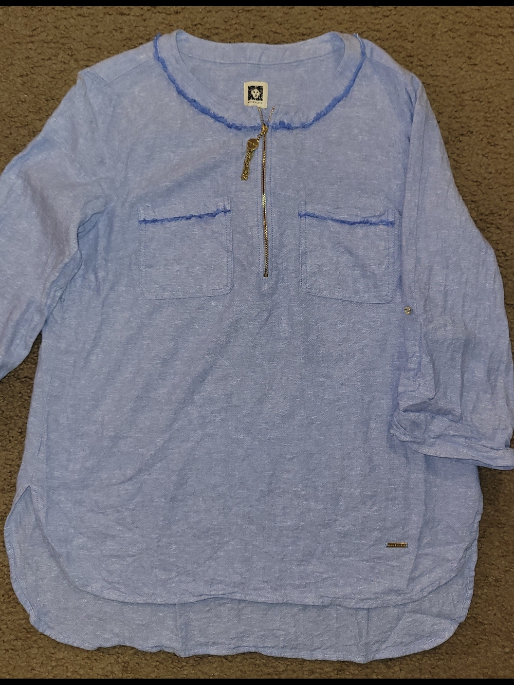 Anne Klein Light Blue Pullover Top with Zip Detail